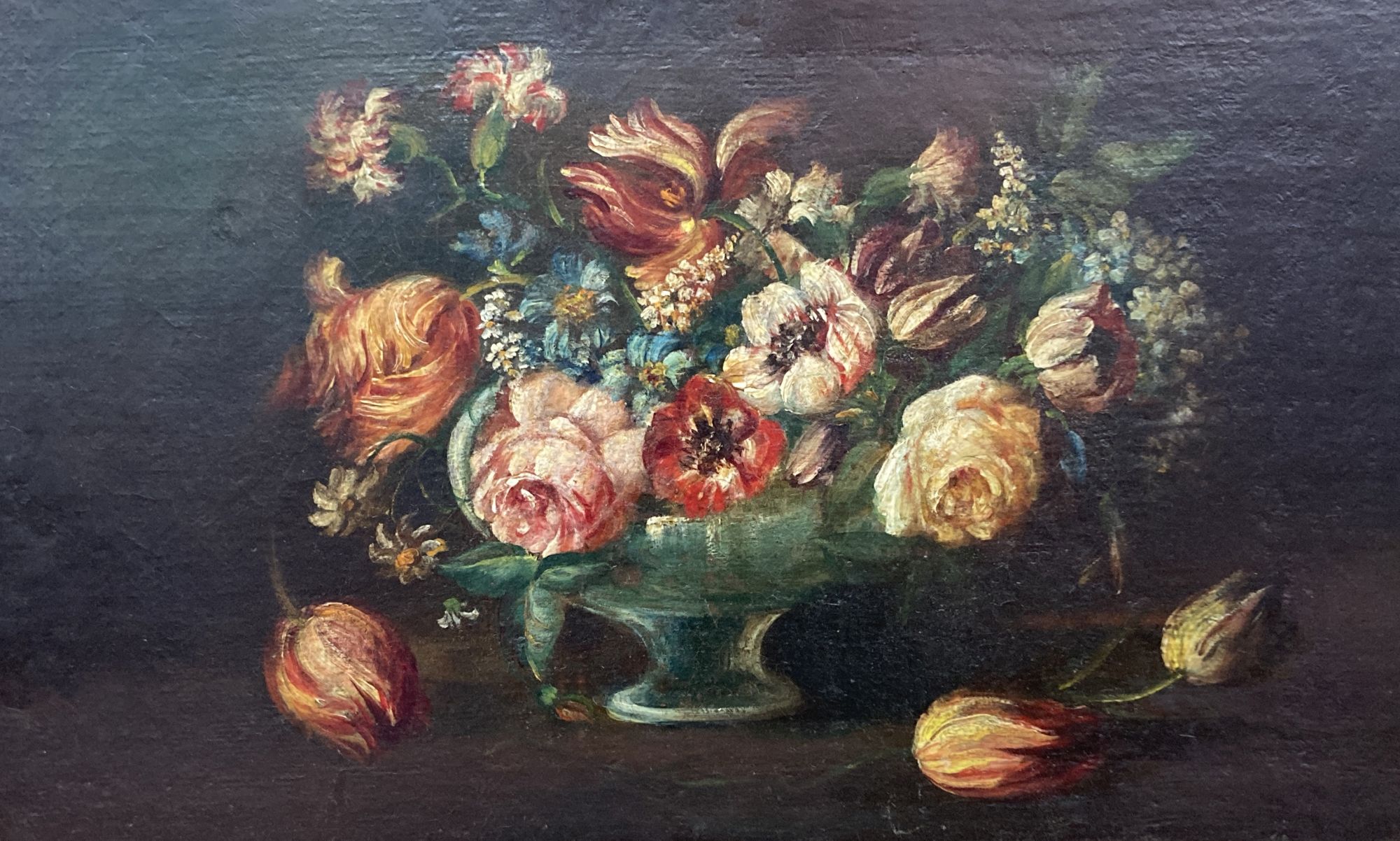 English School, oil on canvas laid on board, Still life of flowers in a vase, 35 x 57cm